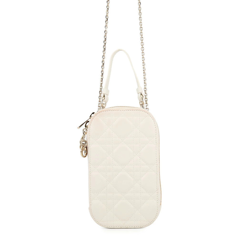 Christian Dior Caro Cannage Lambskin Phone Holder Crossbody Bag Cream White